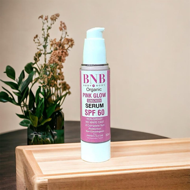 BNB Pink Glow SPF 60 Serum 50ml bottle with sun protection and skin radiance.