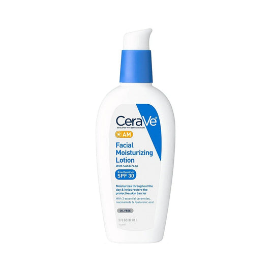 CeraVe AM Facial Moisturizing Lotion – 89 ml bottle with SPF 30, designed to hydrate and protect the skin from sun exposure.