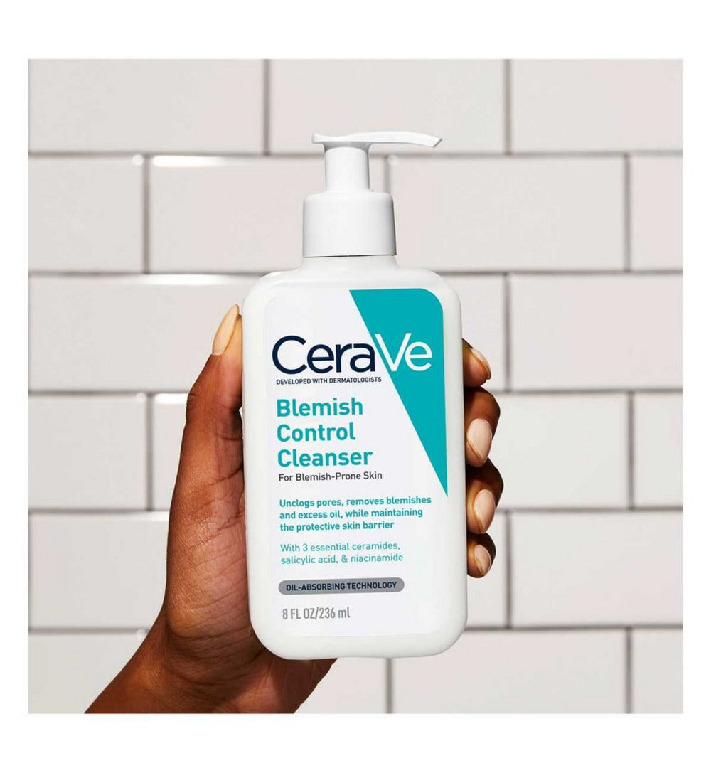 CeraVe Blemish Control Cleanser – 236 ml bottle with salicylic acid to treat and prevent acne while cleansing the skin.