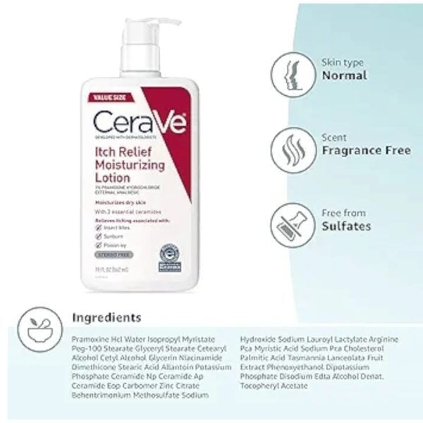 "CeraVe Itch Relief Moisturizing Lotion, 237ml bottle, formulated with 1% pramoxine hydrochloride for dry and itchy skin."