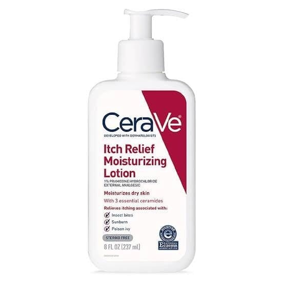 "CeraVe Itch Relief Moisturizing Lotion, 237ml bottle, formulated with 1% pramoxine hydrochloride for dry and itchy skin."