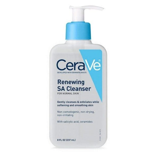 CeraVe Renewing SA Facial Cleanser bottle, designed to smooth skin texture and provide deep nourishment with salicylic acid and ceramides.