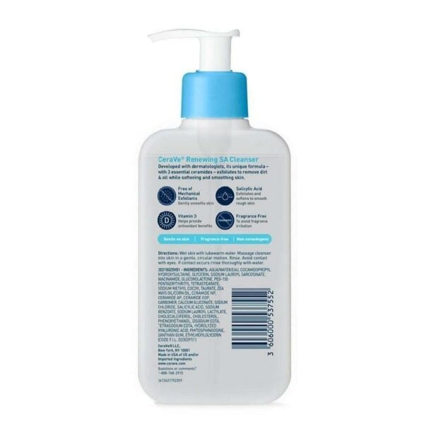 CeraVe Renewing SA Facial Cleanser bottle, designed to smooth skin texture and provide deep nourishment with salicylic acid and ceramides.