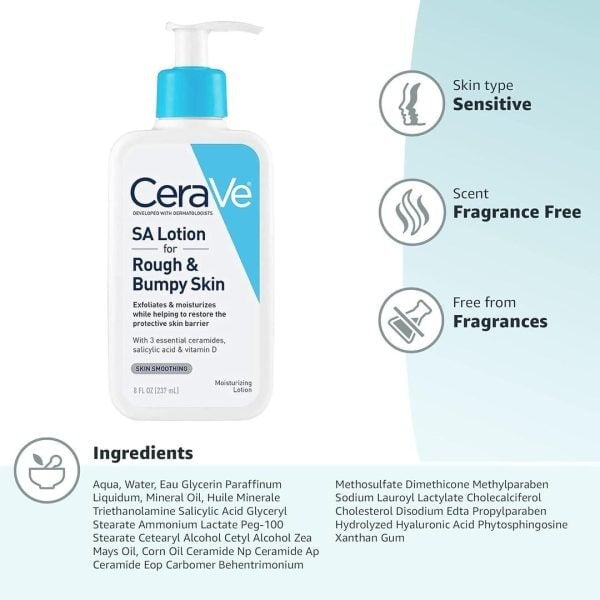 CeraVe SA Lotion for Rough and Bumpy Skin, 237ml, hydrating and smoothing formula with salicylic acid, ceramides, and hyaluronic acid for improved skin texture.