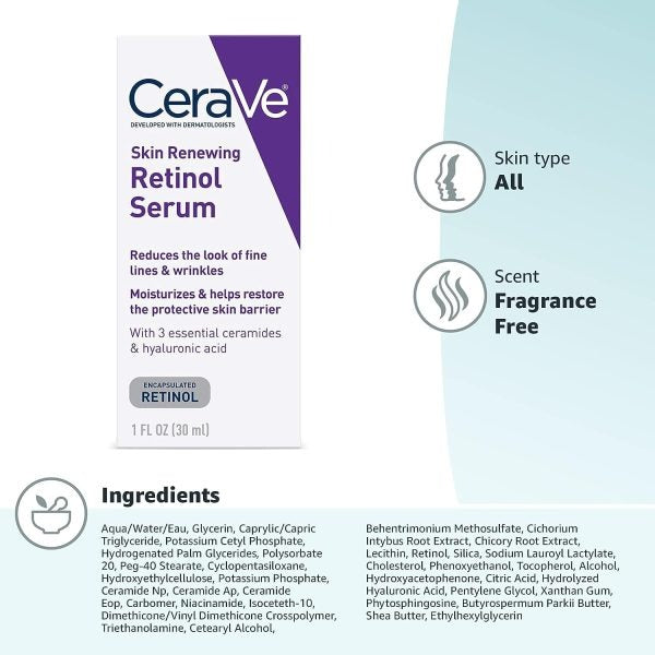 "CeraVe Skin Renewing Retinol Serum, 30ml bottle, advanced anti-aging formula for smoother and radiant skin."