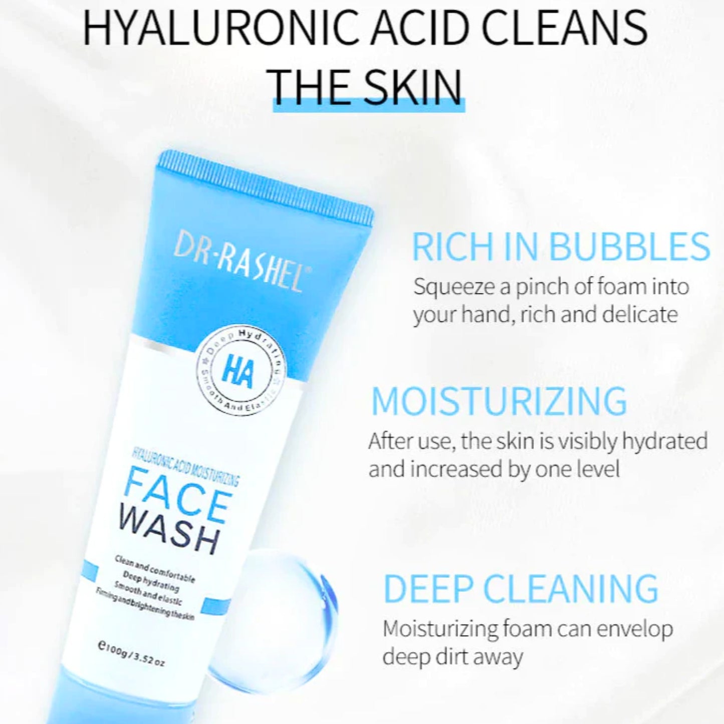 Dr. Rashel Hyaluronic Acid Hydrating Moisturizing Face Wash – 100g for smooth, moisturized skin.