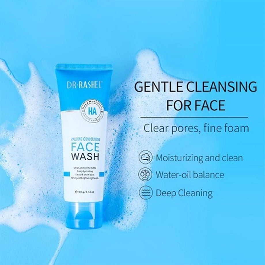 Dr. Rashel Hyaluronic Acid Hydrating Moisturizing Face Wash – 100g for smooth, moisturized skin.