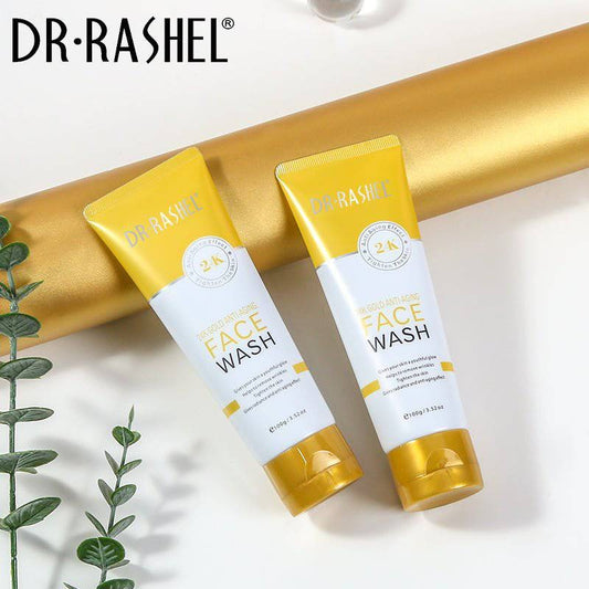 Dr Rashel 24K Gold Anti-Aging Face Wash (100g) in a gold-themed tube, offering radiant glow and firming benefits.