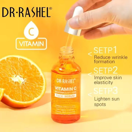 Dr Rashel Vitamin C Brightening & Anti-Aging Face Serum – 50 ml bottle with transparent liquid formula for youthful, glowing skin.