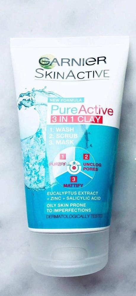 Garnier Skin Naturals Pure Active 3-in-1 Face Wash, Scrub & Mask – Deep Cleansing & Oil Control
