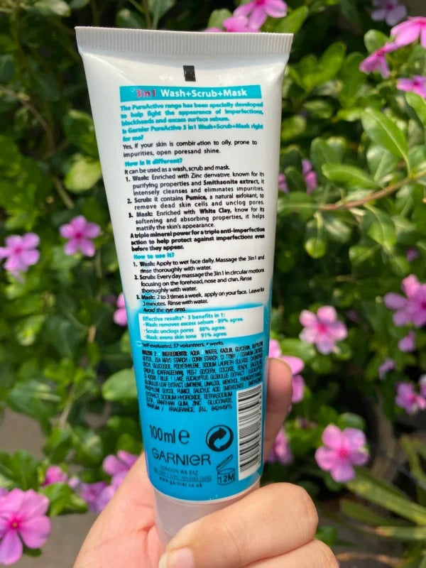 Garnier Skin Naturals Pure Active 3-in-1 Face Wash, Scrub & Mask – Deep Cleansing & Oil Control