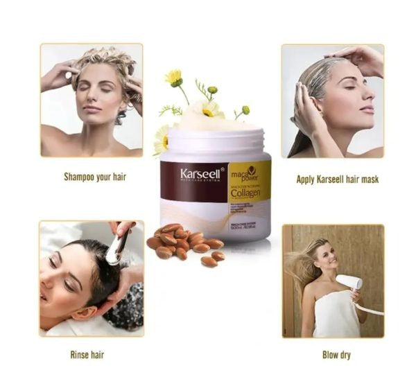 Karseell Hair Mask Collagen Treatment Cream with Argan Oil and Maca Essence for deep nourishment, hydration, and frizz control.