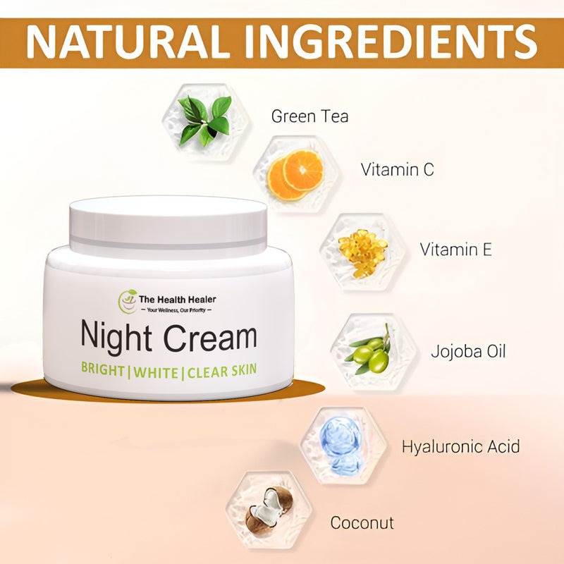 The Health Healer Night Cream jar with natural ingredients, perfect for overnight skin rejuvenation and hydration.