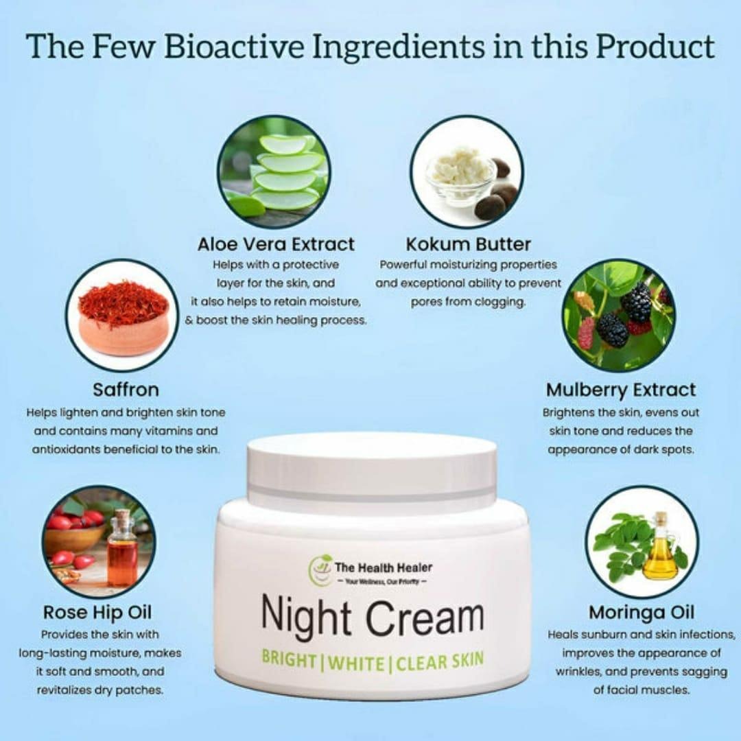 The Health Healer Night Cream jar with natural ingredients, perfect for overnight skin rejuvenation and hydration.