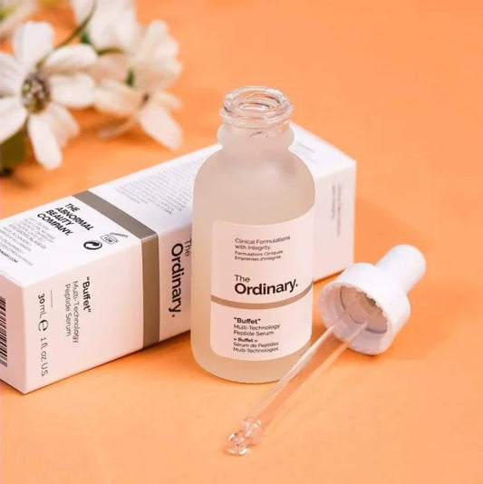 The Ordinary Buffet Multi-Technology Peptide Serum, 30ml bottle, anti-aging and hydrating serum for youthful skin.