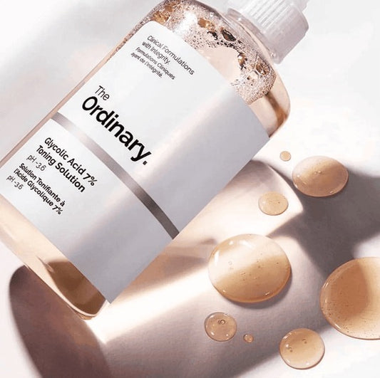 The Ordinary Glycolic Acid 7% Toning Solution, 240ml bottle, exfoliating and brightening toner for smoother skin.