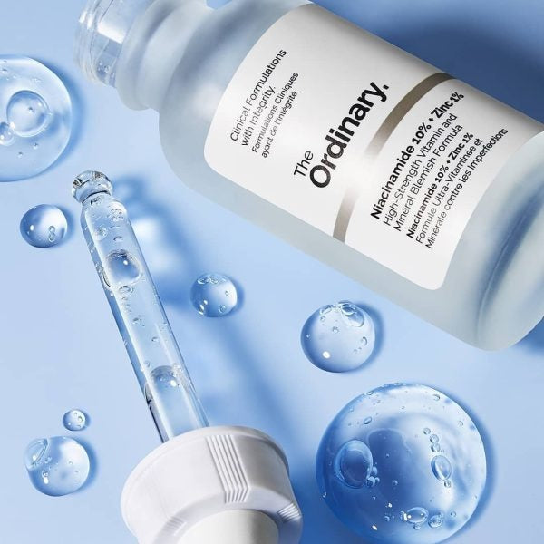 "The Ordinary Niacinamide 10% + Zinc 1% Serum, 30ml bottle, brightening and oil control formula for smoother skin."