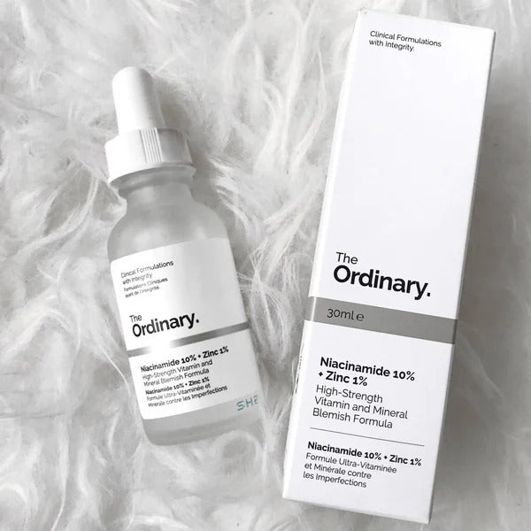 "The Ordinary Niacinamide 10% + Zinc 1% Serum, 30ml bottle, brightening and oil control formula for smoother skin."