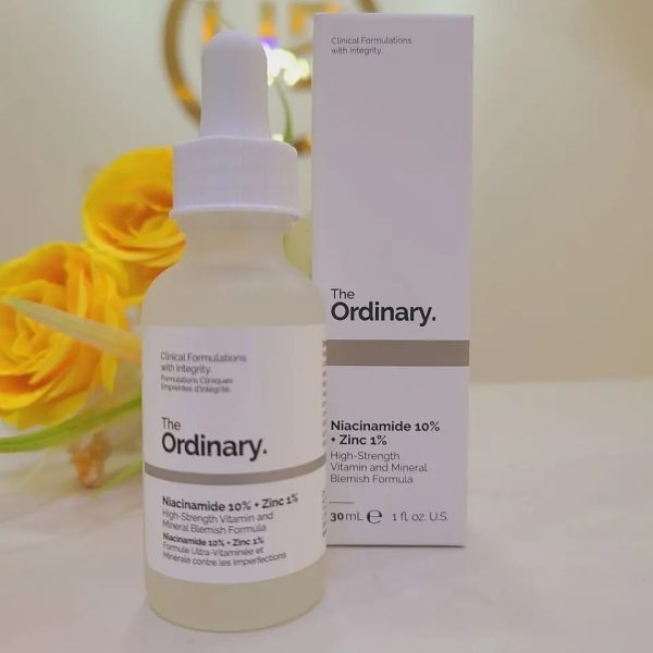"The Ordinary Niacinamide 10% + Zinc 1% Serum, 30ml bottle, brightening and oil control formula for smoother skin."