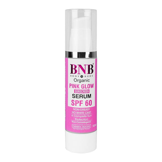 BNB Pink Glow SPF 60 Serum 50ml bottle with sun protection and skin radiance.

