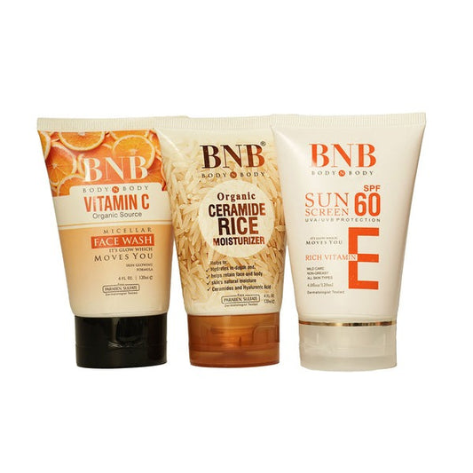 BNB Winter Glow Trio - Vitamin C Facewash, Vitamin E SPF, and Rice Extract Moisturizer for Glowing, Hydrated Skin

