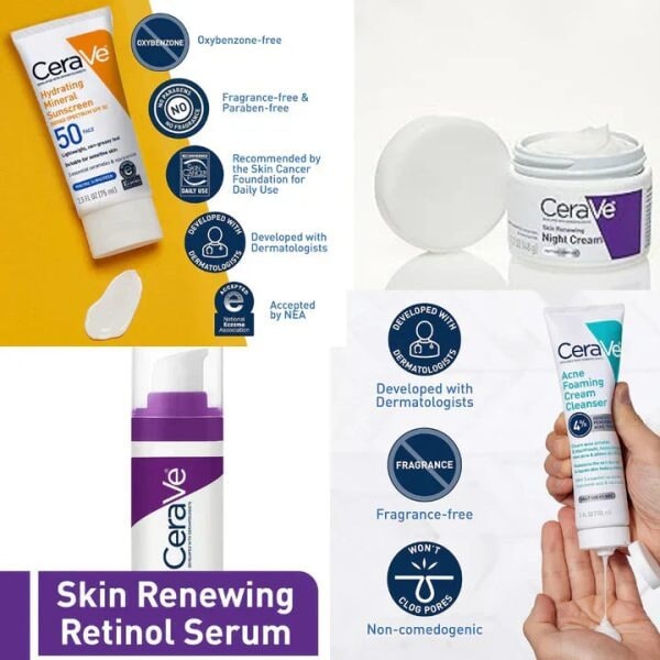 "CeraVe 4-in-1 Skincare Bundle featuring Night Cream, Sunblock, Cleanser, and Serum for radiant, hydrated skin."