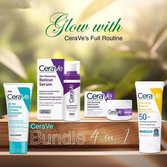 "CeraVe 4-in-1 Skincare Bundle featuring Night Cream, Sunblock, Cleanser, and Serum for radiant, hydrated skin."