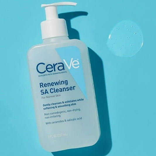 CeraVe Renewing SA Facial Cleanser bottle, designed to smooth skin texture and provide deep nourishment with salicylic acid and ceramides.