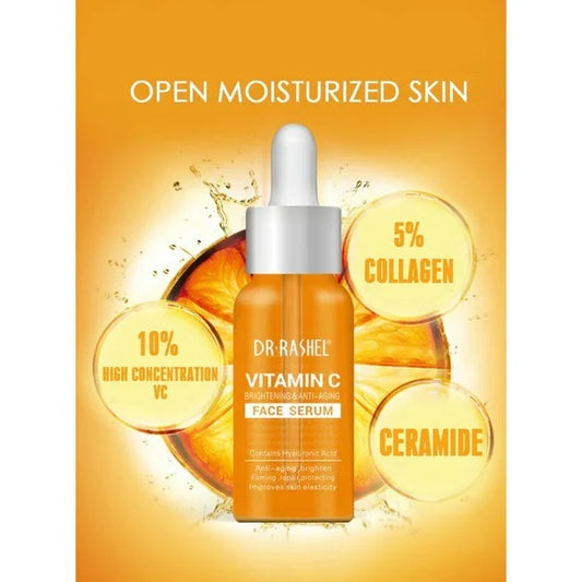 Dr Rashel Vitamin C Brightening & Anti-Aging Face Serum – 50 ml bottle with transparent liquid formula for youthful, glowing skin.