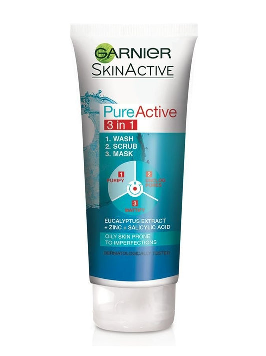 Garnier Skin Naturals Pure Active 3-in-1 Face Wash, Scrub & Mask – Deep Cleansing & Oil Control
