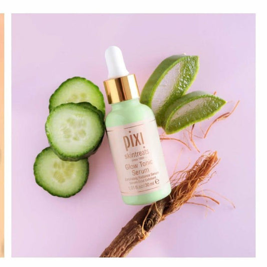 Pixi Glow Tonic Serum bottle, featuring a glowing skin-enhancing formula with glycolic acid for exfoliation and hydration.

