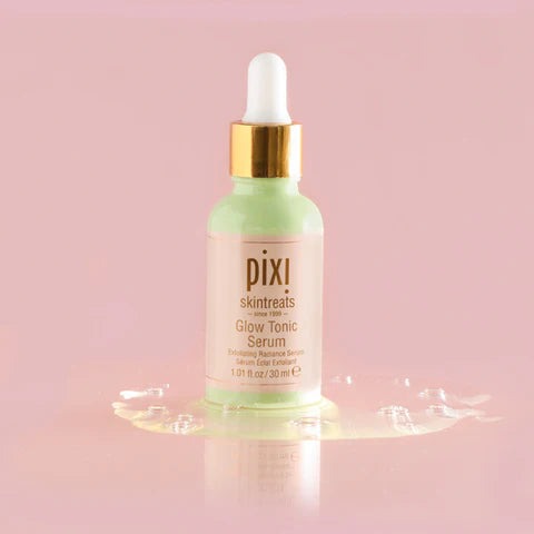 Pixi Glow Tonic Serum bottle, featuring a glowing skin-enhancing formula with glycolic acid for exfoliation and hydration.

