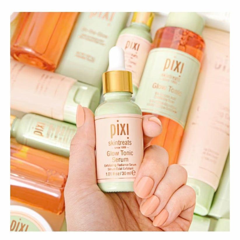 Pixi Glow Tonic Serum bottle, featuring a glowing skin-enhancing formula with glycolic acid for exfoliation and hydration.

