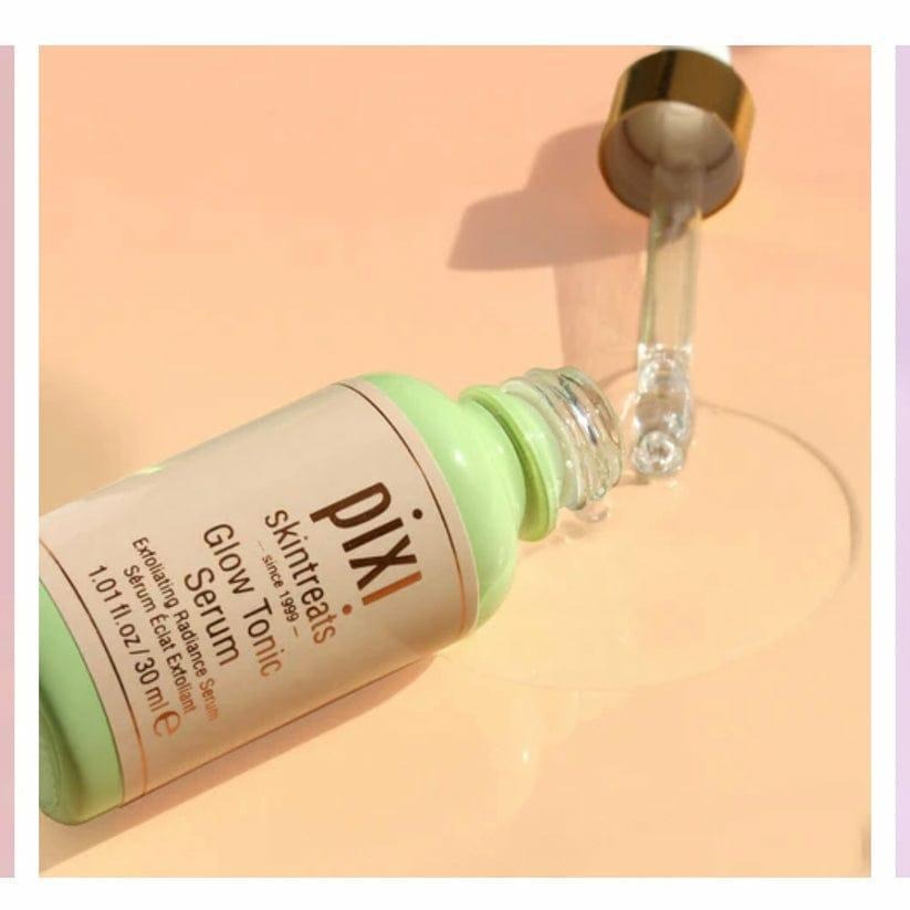 Pixi Glow Tonic Serum bottle, featuring a glowing skin-enhancing formula with glycolic acid for exfoliation and hydration.

