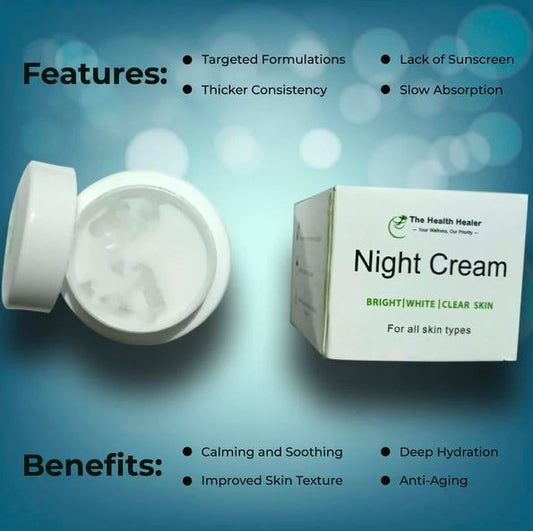 The Health Healer Night Cream jar with natural ingredients, perfect for overnight skin rejuvenation and hydration.

