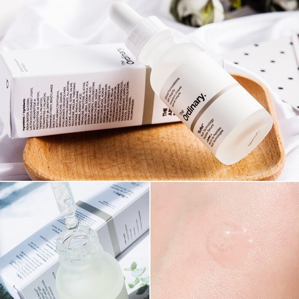 The Ordinary Buffet Multi-Technology Peptide Serum, 30ml bottle, anti-aging and hydrating serum for youthful skin.