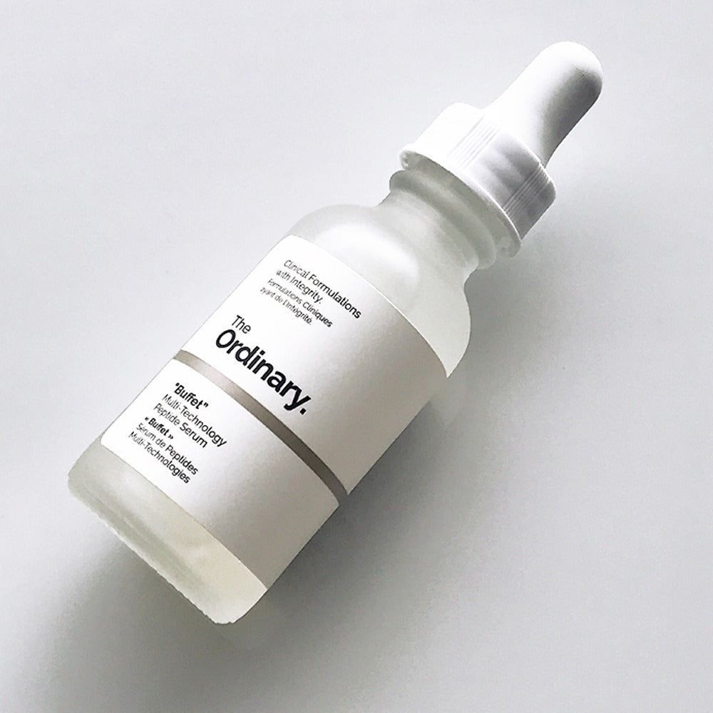 The Ordinary Buffet Multi-Technology Peptide Serum, 30ml bottle, anti-aging and hydrating serum for youthful skin.
