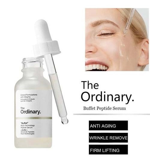 The Ordinary Buffet Multi-Technology Peptide Serum, 30ml bottle, anti-aging and hydrating serum for youthful skin.