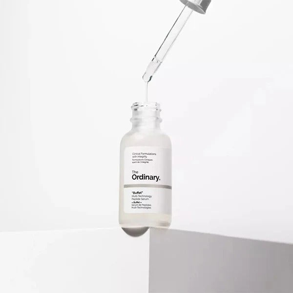 The Ordinary Buffet Multi-Technology Peptide Serum, 30ml bottle, anti-aging and hydrating serum for youthful skin.