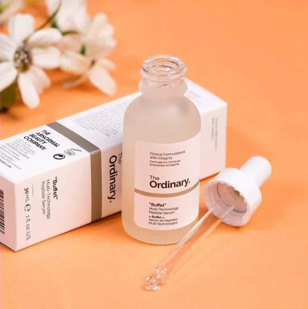 The Ordinary Buffet Multi-Technology Peptide Serum, 30ml bottle, anti-aging and hydrating serum for youthful skin.