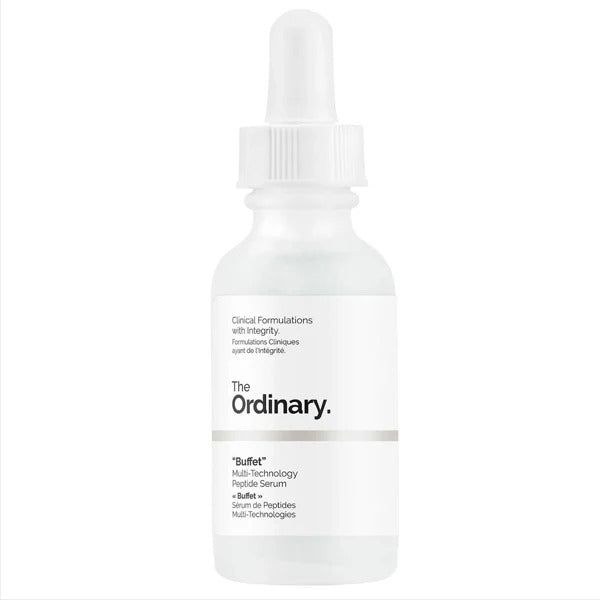 The Ordinary Buffet Multi-Technology Peptide Serum, 30ml bottle, anti-aging and hydrating serum for youthful skin.