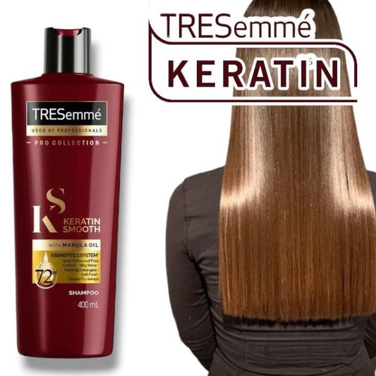 Tresemme Keratin Shampoo 400ml bottle for nourishing and strengthening hair, providing smooth, shiny, and healthy results.

