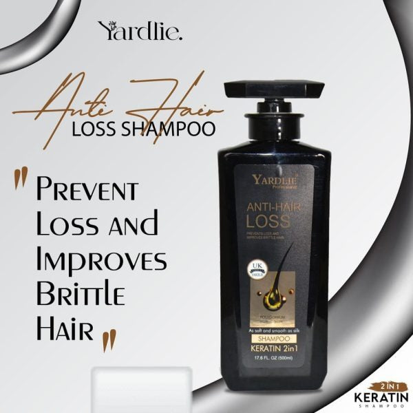 Yardlie 2-in-1 Anti-Hair Loss Keratin Shampoo 500ml bottle, strengthening and nourishing hair care solution.

