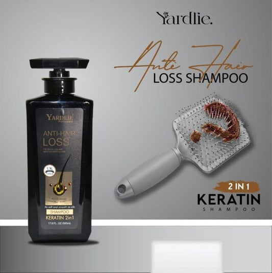 Yardlie 2-in-1 Anti-Hair Loss Keratin Shampoo 500ml bottle, strengthening and nourishing hair care solution.

