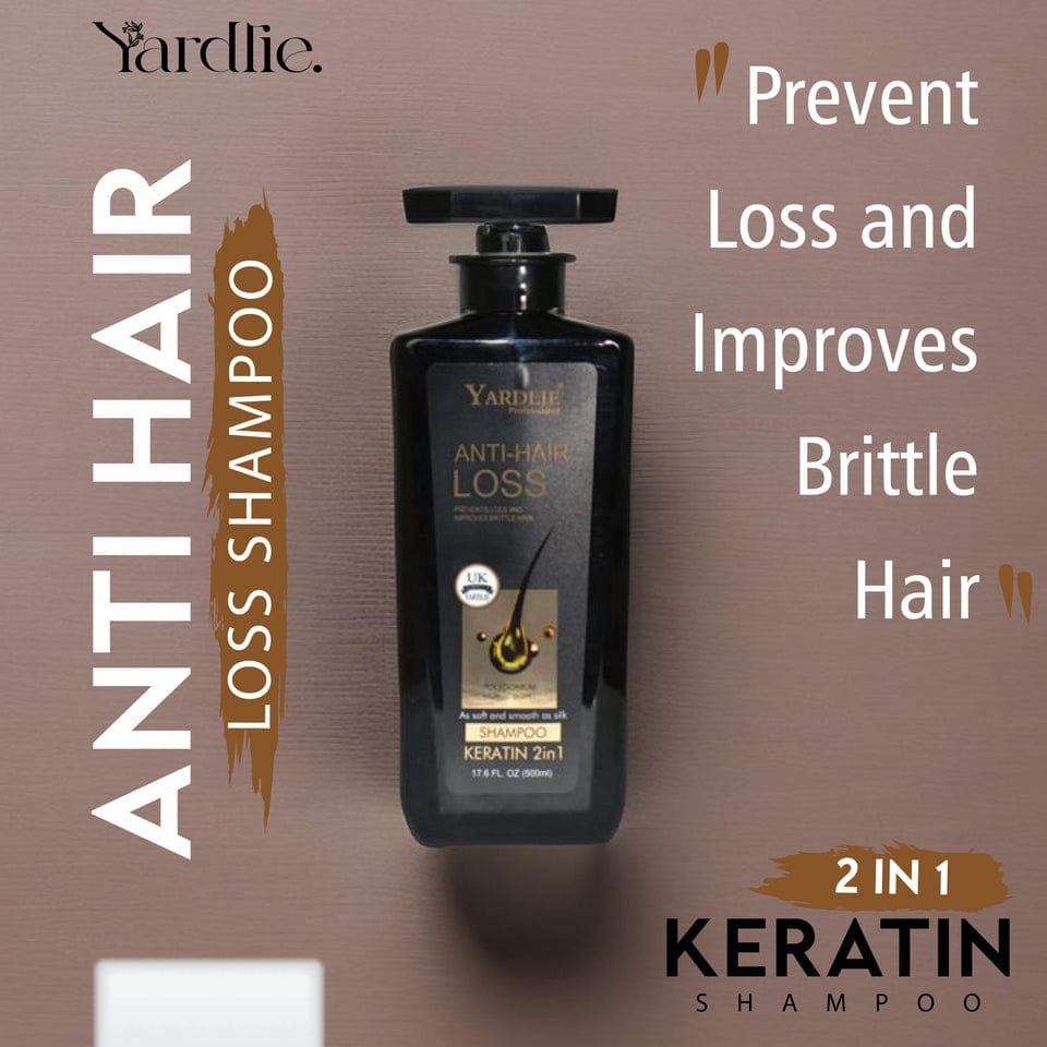 Yardlie 2-in-1 Anti-Hair Loss Keratin Shampoo 500ml bottle, strengthening and nourishing hair care solution.


